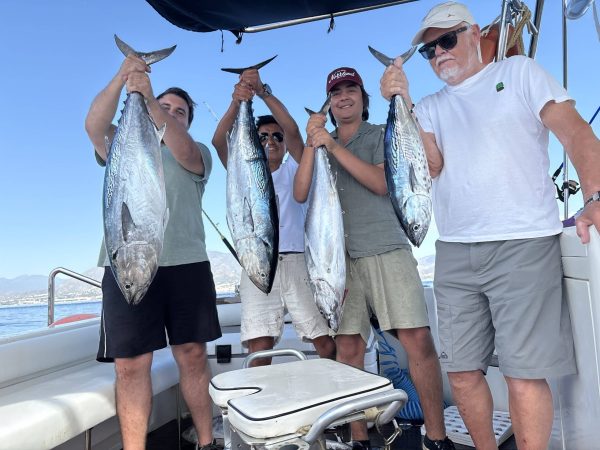 A group of five smiling customers holding their successful multi-fish catch of Little Tunny (Bacoretas) on the deck of the BLUE MARLIN boat during a private group fishing charter from Marina La Bajadilla, Marbella. Multiple fishing rods and rod holders are visible (Penn/Shimano).